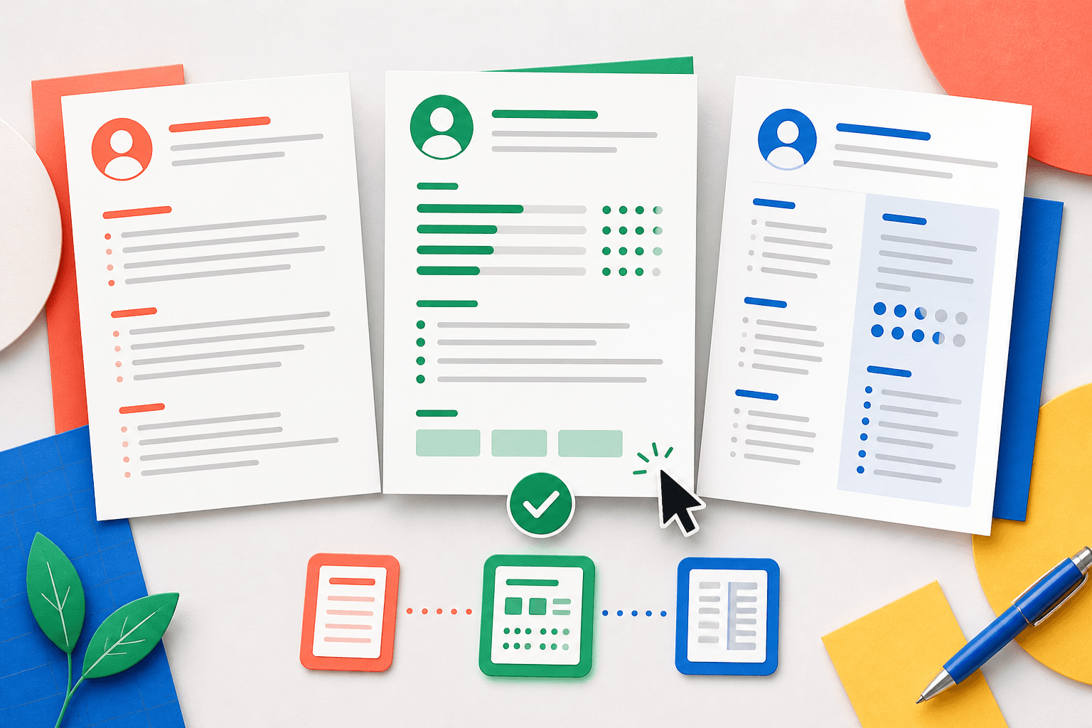 Three illustrated resume formats arranged for comparison