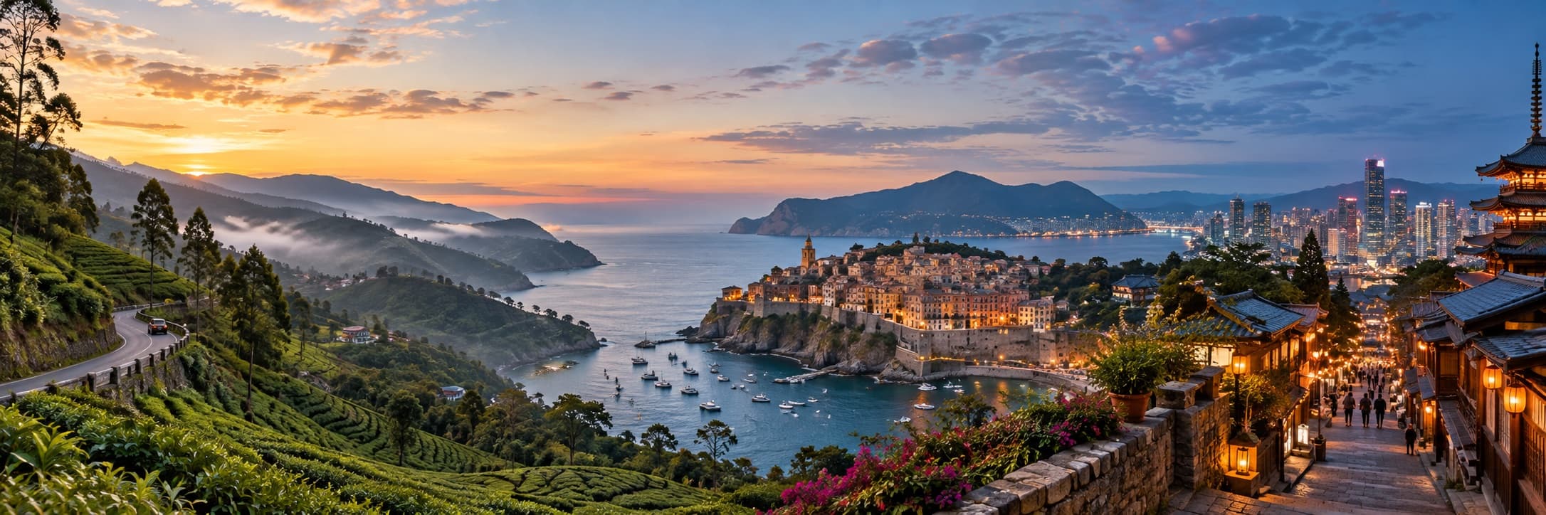 Hill country, coastal town and city destinations at sunset